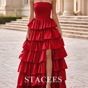 A-line Square Neckline Strapless Ruffled Taffeta Prom Dress with Slit Pleats